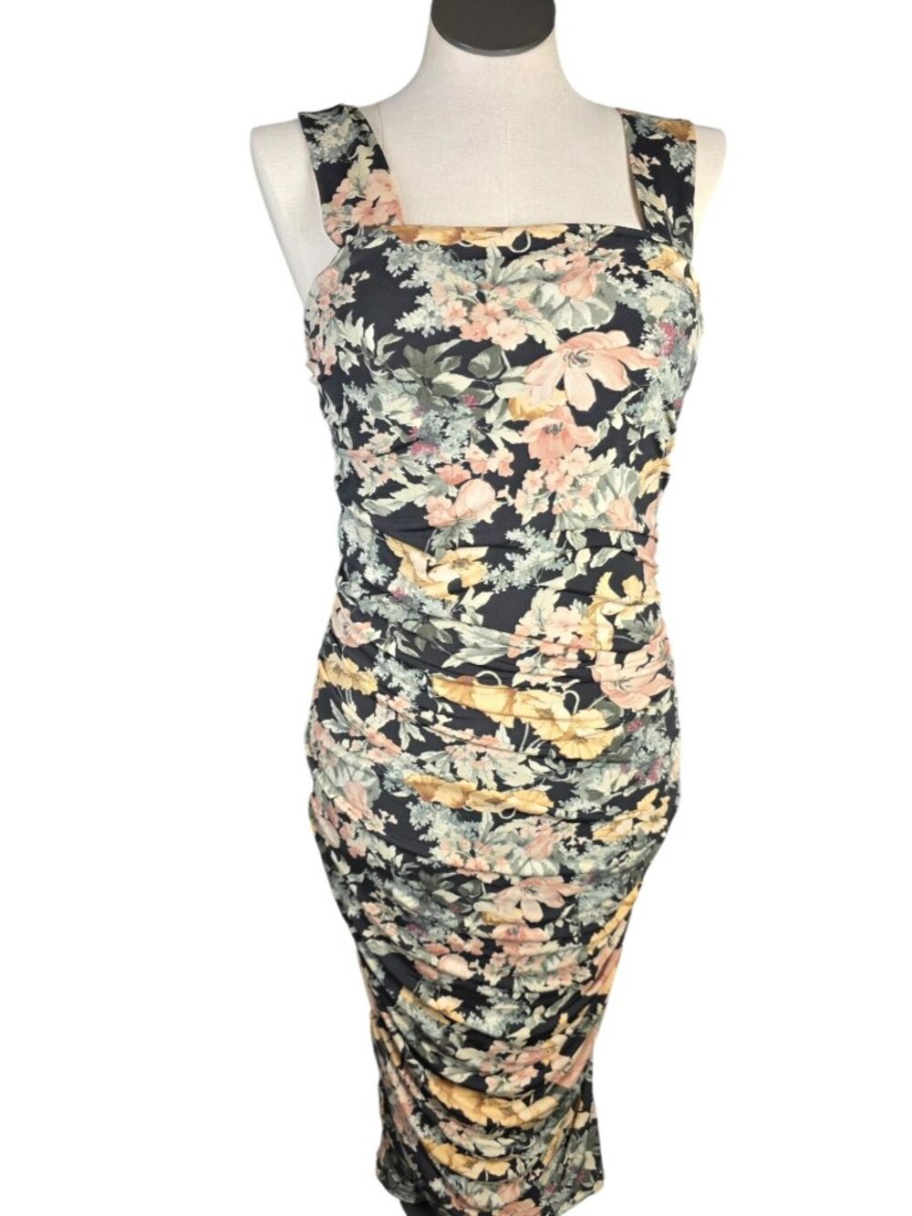 Floral Midi Dress With Ruched Design & Wide Straps By Maurices Black Multi-Color